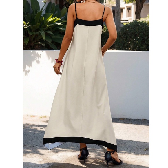Beige Maxi Dress Black Trim V-Neck Cami A-Line Loose Flared Fit - Picture 4 of 6